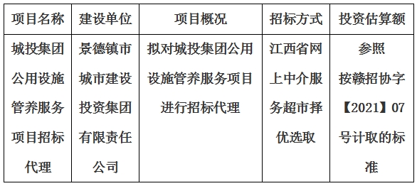 城投集團(tuán)公用設(shè)施管養(yǎng)服務(wù)項(xiàng)目招標(biāo)代理計劃公告