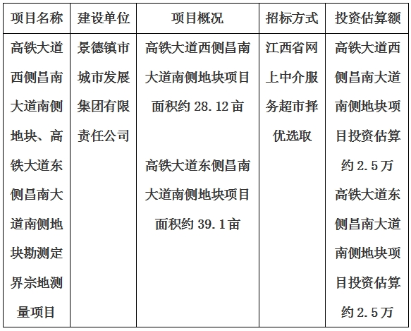 景德鎮(zhèn)市高鐵大道西側(cè)昌南大道南側(cè)地塊、高鐵大道東側(cè)昌南大道南側(cè)地塊勘測定界宗地測量項目計劃公告