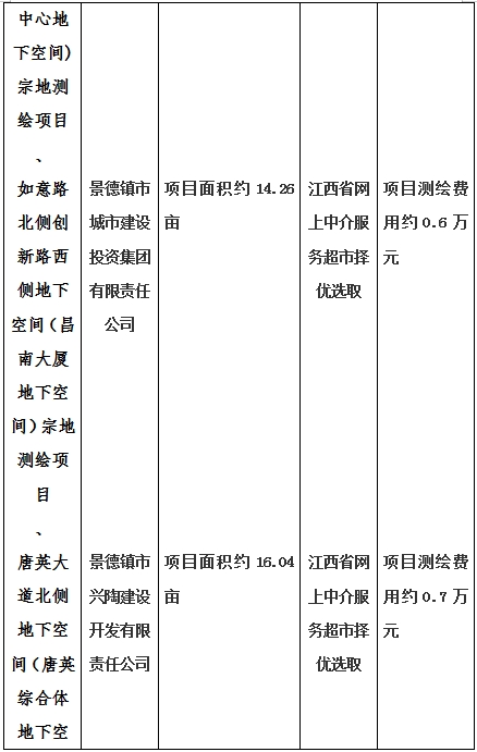 景德鎮(zhèn)市昌南新區(qū)LJ1-03-A01-1地塊、瓷都大道東側中渡口地下空間（格蘭云天大酒店地下空間）、光明大道北側利民路西側地下空間（青少年宮地下空間）、規(guī)劃二路北側地下空間地塊二（加速基地地下空間）、規(guī)劃二路北側地下空間地塊一（加速基地地下空間）、景德大道南側天寶橋西側地塊、景興大道東側如意路北側地下空間(社會公共服務